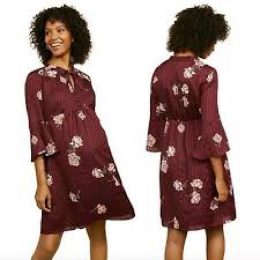Maternity Floral Bell Sleeve Burgundy Dress by Motherhood. Medium